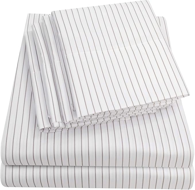 Full Size Bed Sheets - 6 Piece 1500 Supreme Collection Fine Brushed Microfiber Deep Pocket Full Sheet Set Bedding - 2 Extra Pillow Cases, Great Value, Full, Pinstripe White