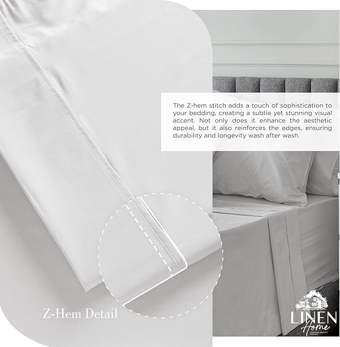 Linen Home 100% Cotton Percale Sheets California King Size, Silver, Deep Pocket, 4 Pieces Set - 1 Flat, 1 Deep Pocket Fitted Sheet and 2 Pillowcases, Crisp Cool and Strong Bed Linen