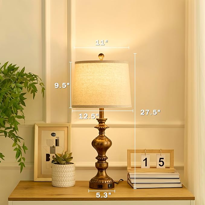 27.5" Farmhouse Table Lamps Set of 2 Bedside Nightstand Lamp with USB C+A Ports & AC Outlet, 3 Way Dimmable Touch Lamps for Bedroom Living Room Office Rustic Lamp (Rotary Switch-Copper)