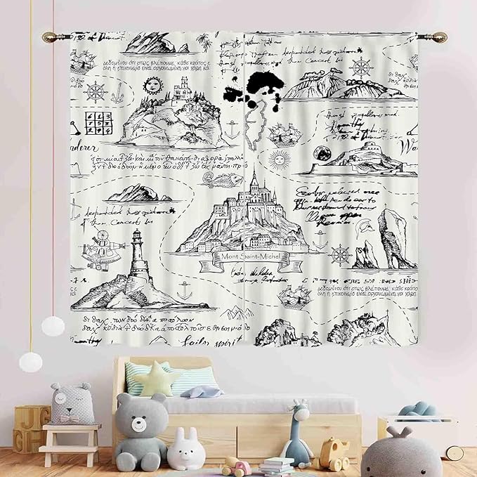 Vintage Nautical Curtains, Marine Coastal Sailboat Compass Anchor Ocean Beach Old Pirate Map Retro Window Drapery Treatments for Bedroom Living Room Kitchen Bathroom 2 Panels, 84"x84" Inch