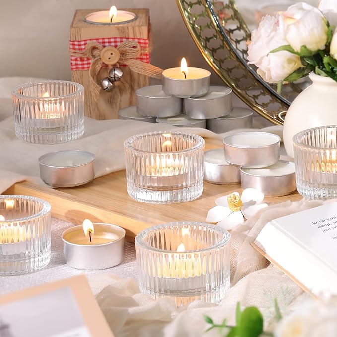 18 pcs Clear Tealight Candle Holders with 18PCS Tealights Candles, Glass Votive Candle Holders Set for Table Centerpiece, Home Decor and Party Supplies