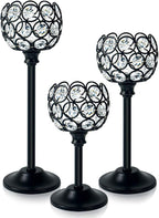 Crystal Metal Tealight Candlestick, Bling Bowl Candelabras, Tall Crystal Votive Candle Holders Elegant Crystal Candle Centerpiece for Dining Table Wedding Decor (Set of 3, Balck)