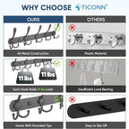 TICONN Wall Mounted Coat Rack, Five Heavy Duty Tri Hooks All Metal Construction for Jacket Coat Hat in Mudroom Entryway (Space Gray, 1-Pack)