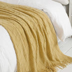 BOURINA Mustard Throw Blanket 50 x90 Inches Throw Textured Solid Soft Sofa Throw Bed Runner Couch Cover Knitted Decorative Blanket Bed Runner
