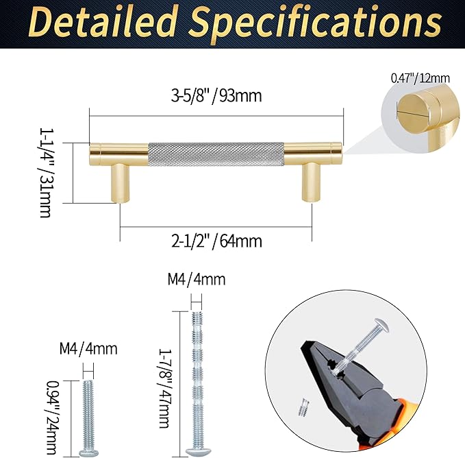 Knurled Cabinet Pulls 12 Pack, 3.5 Inch Long Cabinet Handles Metal Door Pulls, Kitchen Drawer Pull Knurled Dresser Handles - 2 1/2" Hole to Hole, Grey & Gold