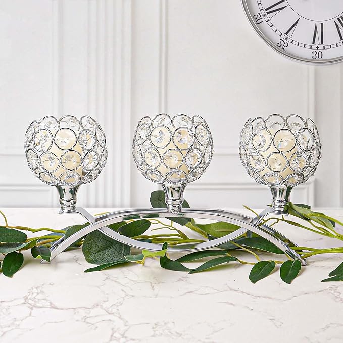 Crystal Tealight Candle Holder Centerpiece Home Decorative Candlestick Holder Elegant Table Centerpiece Home Decor Wedding Party Anniversary (Silver, 3 Arm)