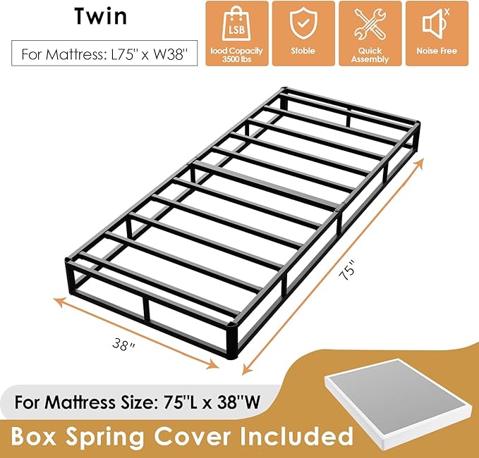 D&H FURNIMMT 7 Inch Twin Size Box Spring, Heavy Duty Metal Box Spring Bed Base with Fabric Cover, Mattress Foundation, Easy Assembly, Noise Free（Twin）