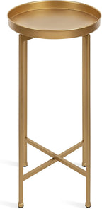 Kate and Laurel Celia Round Metal Foldable Accent Table with Tray Top, Gold