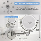 Wall Mounted Lighted Makeup Vanity Mirror with Magnification, 8 Inch Double Sides 10X Magnifying Bathroom Mirror 3 Color Lighting Touch Dimming, Extended Arm Shaving Mirror Hard Wired, Brushed Nickel