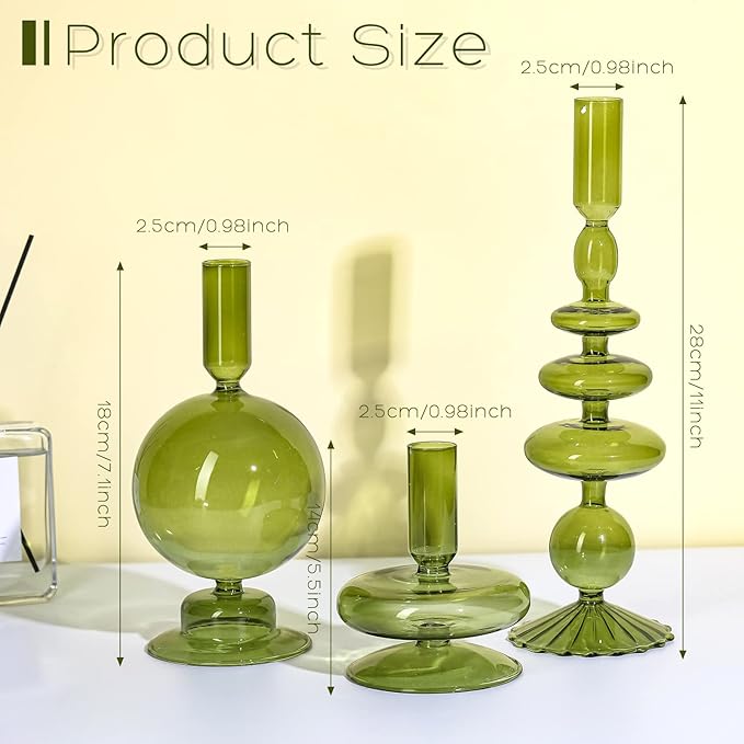 Rtteri 3 Pcs Glass Candlestick Holders Glass Candle Holders Groovy Wavy Elegant Taper Candle Stick for Wedding Home Birthday Party Christmas Halloween Decoration Windowsill Decor(Green)