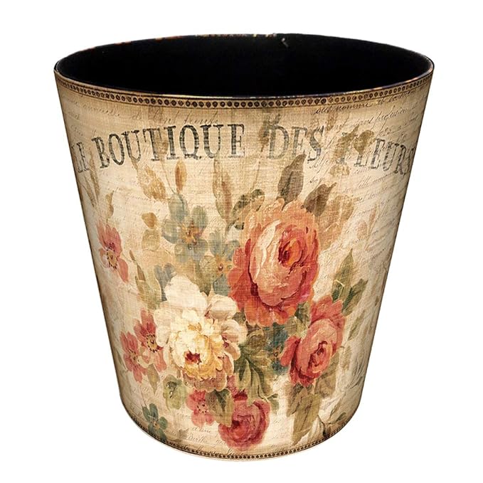 Leather Trash Can, Retro Decorative Waste Basket, 10L Capacity Small Waste Paper Basket, Waterproof Garbage Can for Bathroom, Bedroom, Office, Kitchen and Living Room - Flower