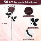 BLEUM CADE 50 Pcs Black Roses Artificial Flowers, Real Touch Velvet Roses Fake Flowers Bulk, Artificial Roses Bouquet with Long Stems for DIY Table Centerpiece Halloween Decorations