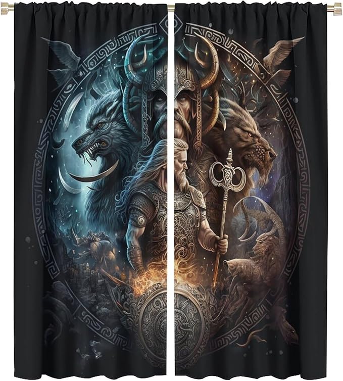 Cool Norse Viking Theme Curtains - Fantasy Ancient Symbols Wildlife Wolf Nordic Vikings Window Drapes,Energy Saving Thermal Insulated Rod Pocket Bedroom Blackout Curtains 2 Panels 54L x 21W