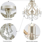 WUZUPS 5-Light Crystal Candle Chandelier Flushmount Ceiling Light Modern Lighting Fixture for Bedroom Hallway Bar Kitchen Bathroom, H 20.9" W 22", E12 Base, Brushed Nickel