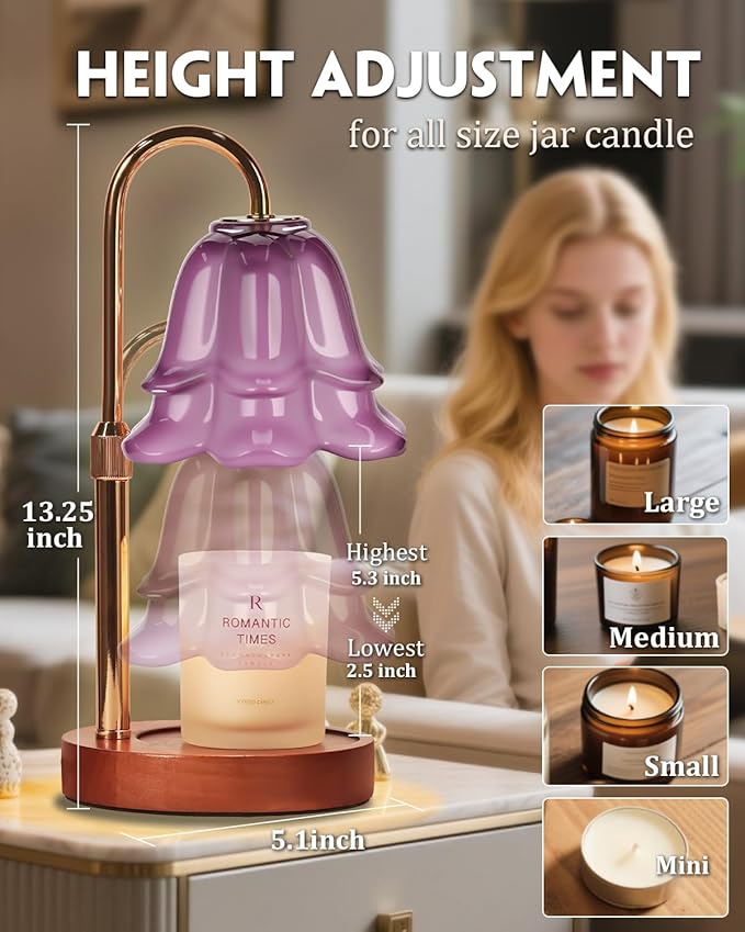 Purple Candle Warmer Lamp with Timer & Dimmer, Adjustable Height Christmas Gifts Birthday Gifts for Women Mom, Flower Candle Lamp Warmer, Wax Warmer with 2 Bulbs, House Warming New House Decorations
