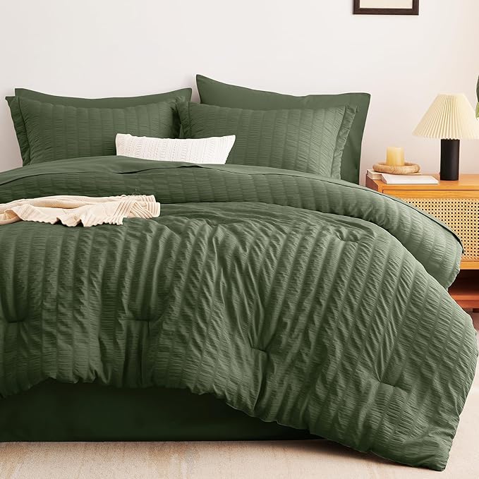 CozyLux Queen Comforter Set Olive Green Seersucker 7 Pieces Bed in a Bag Queen Comforter Set with Sheets Luxury Soft Bedding Set with Down Alternative Comforter, Sheets, Pillowcases & Shams All Season