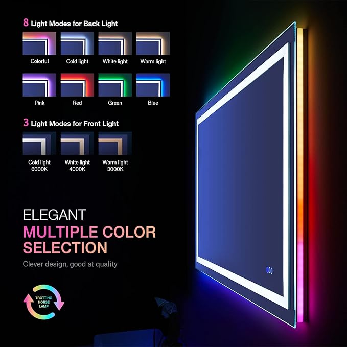 LOAAO 24”X30“ RGB LED Bathroom Mirror with Lights, Large, Anti-Fog, Dimmable Smart Lighted Bathroom Vanity Mirror, Multiple Light Modes, RGB Backlit + Front Light, Memory Function, Tempered Glass