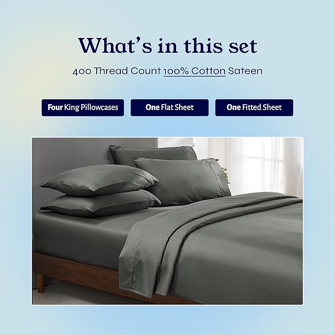 California Design Den 6-Pc King Size Sheet Set with 4 Pillowcases - Soft 400 Thread Count 100% Cotton Sheets, Cooling Sateen Weave, Luxury Deep Pocket Bedsheets Set - Grey