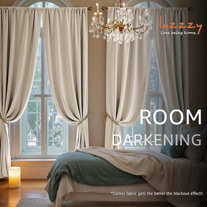 Lazzzy Velvet Blackout Curtains Thermal Insulated Room Window Drapes Super Soft Luxury Curtains for Living Room Bedroom Rod Pocket 2 Panels, Beige, 62" W x 108" L
