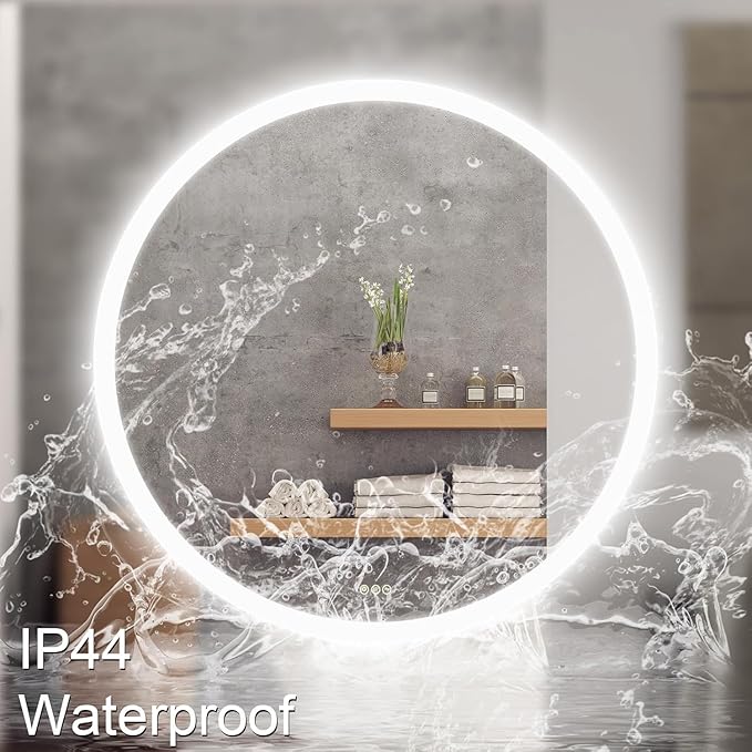 Wall-Mounted LED Round Bathroom Mirror, Makeup Mirror (32 inches x 32 inches,) 3 Color Stepless Dimmable Memory Bathroom Vanity Mirror with Lights CRI90+ 3000-6400K Smart Mirror with Touch