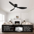 reiga 52 Inch Wood Black Modern Flush Mount Indoor Ceiling Fan with Light and Remote, 3 Propeller Blade, Quiet DC Motor for Bedroom Living Room