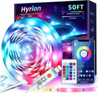 hyrion 50ft USB-Powered RGB LED Strip Lights, Music Sync & Sound-Reactive Color Changing Lights for Bedroom, TV Backlight, Gaming Setup, Bluetooth, IR Remote & Smart App Control