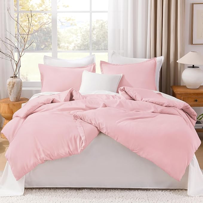 Litanika Pink Comforter Set Full Size, 3 Pieces Girls Women Cute Soft Solid Bedding Comforter Set, All Season Bed Set (79x90In Comforter & 2 Pillowcases)