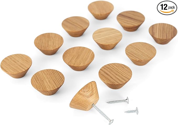 12 Pack Wood Cone Cabinet Knobs (Light) - 1 ½ " Diameter Round Shape - Wooden Drawer Pulls for Cabinets Doors, Dresser and Drawers Knob, Kitchen Cabinet Door Handle
