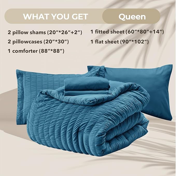 HYMOKEGE Teal Queen Comforter Set Seersucker 7 Pieces, All Season Luxury Bed in a Bag for Bedroom, Bedding Set with Comforters, Sheets, Pillowcases & Shams