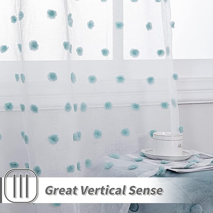 MYSKY HOME 108 Inch Long Large Pom Pom Sheer Curtains for Living Room - Aqua White, Light Filtering, Rod Pocket Window Panels - 38 x 108 inch, 2 Pieces