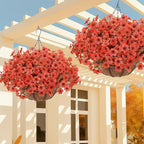 Geegoods Artificial Hanging Baskets for Outdoors Decoration, 24 Pcs Artficial Outdoor Flowers with Hanging Baskets UV Resistant Look Real Orange Mums for Autumn Porch Patio Balcony Yard Home Decor