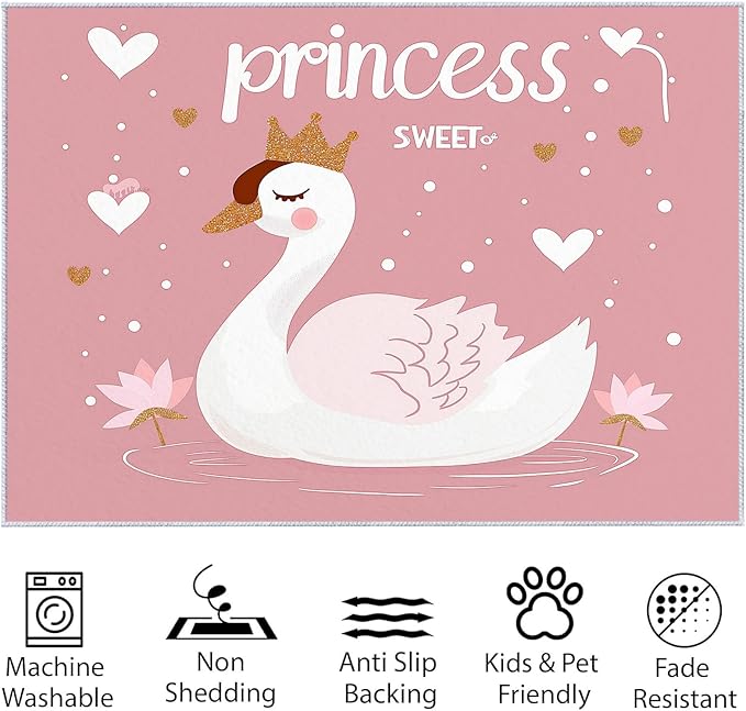 Washable Area Rug for Living Room 8x10 ft Cartoon Swan Princess Peach 3D Print Decor Carpet, Non Slip Stain Resistant Large Area Rugs, for Bedroom Dining Room Office