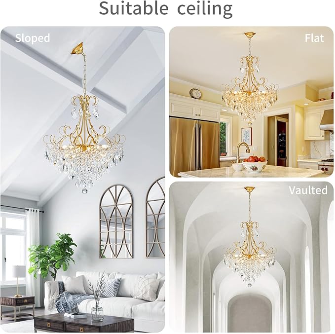 WUZUPS Crystal Chandelier 10-Light Pendant Ceiling Light Modern Lighting Fixture for Dining Room Hallway Bedroom Kitchen Bathroom, H 27.6" x W 22.8", E12 Base, Gold