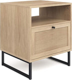 Nathan James Mina Rattan Wood End Side Accent Table Nightstand with Storage for Living Room or Bedroom, 1, Oak/Black