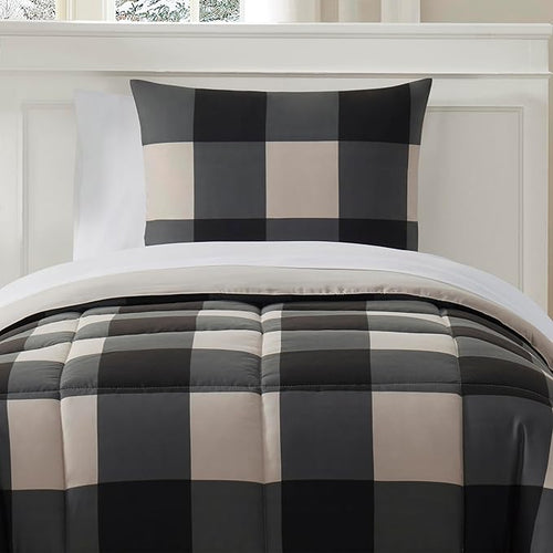 5 Piece Comforter Set Bed in a Bag Buffalo Check Christmas Print All Season Soft Down Alternative Bedding Comforter Set & Luxurious White Microfiber Bed Sheets, Twin, Buffalo Plaid Black/Gray