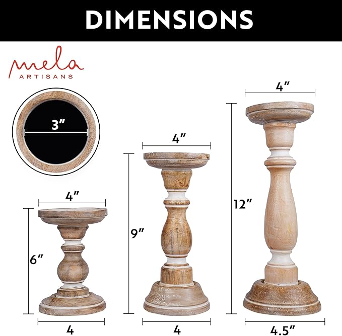 Mela Artisans Wooden Pillar Candle Holders | Tuli Design | Set of 3 Mango Wood Candlesticks | Whitewash | Sizes 6" & 9" & 12" | Decorative Centerpiece for Table | Mantel | Wedding | Living Room Decor