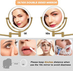 Hardwired Bathroom Makeup Mirror Wall Mount Gold, Double Sided 1/10X Magnifying Make up Mirror with Lights 3 Color & Adjustable Brightness, 360 Swing Arm Shaving Mirror, Brushed Moderne Brass