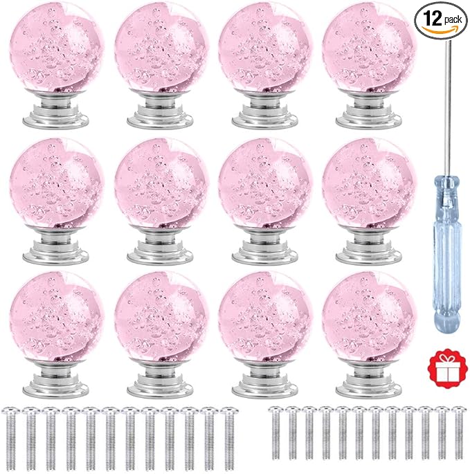 12 Pcs 30mm Round Shape Bubble Crystal Glass Cabinet Knobs with Screws Drawer Knob Pull Handle Used for Kitchen, Dresser, Door, Cupboard (Pink)