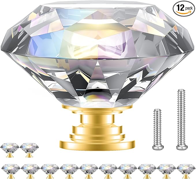 POZEAN Crystal Cabinet Knobs 12Pack, 1.57inch Dresser Knobs for Cabinet, Drawer with Two Different Sizes Screws, Diamond Glass Pulls Handles (40mm, 12Pack, Clear-Gold)