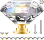 POZEAN Crystal Cabinet Knobs 12Pack, 1.57inch Dresser Knobs for Cabinet, Drawer with Two Different Sizes Screws, Diamond Glass Pulls Handles (40mm, 12Pack, Clear-Gold)