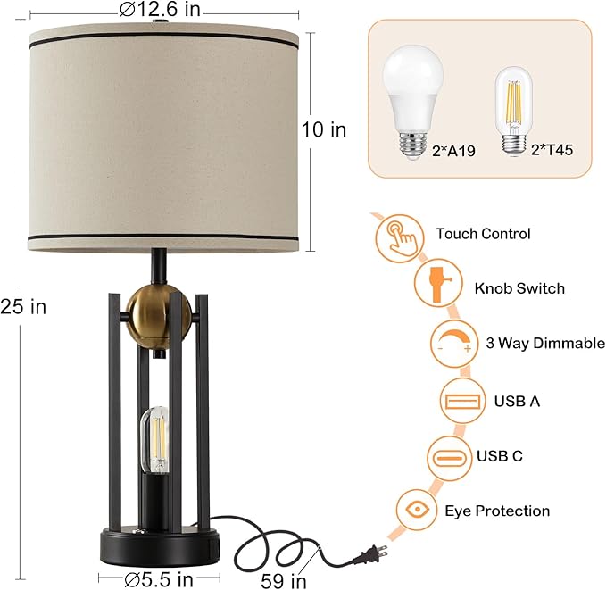 25'' Farmhouse Table Lamps for Living Room Set of 2 with USB C+A Ports, Vintage Bedside Lamp for Bedroom, Touch Lamps for Nightstand, Dual Lights Independent Switch, 4 Bulbs Included, Gold