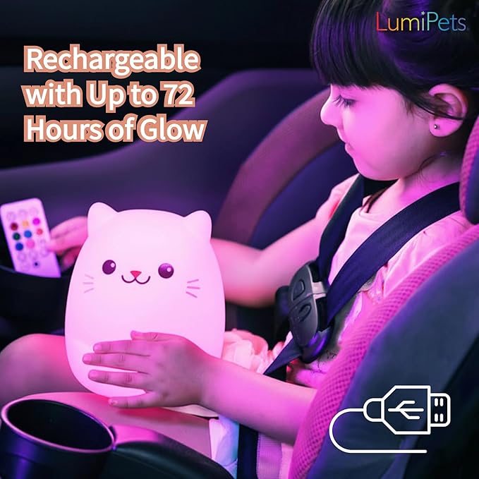 Lumipets Clive The Cat Squishy Silicone Night Light for Kids | Cute Night Light with Remote & Touch Control for Baby & Toddler Bedrooms | Color Changing Portable Animal Nightlight | Kids Mood Lamp