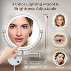 Rocollos 9" Plug-in Wall Mounted Lighted Makeup Mirror 1X/10X Magnification, Super Large Double Sided LED Vanity Mirror for Bathroom, 3 Color Dimmable 360°Swivel Extendable Shaving Cosmetic Mirror
