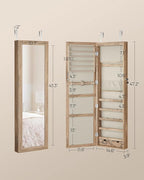 SONGMICS 6 LEDs Mirror Jewelry Cabinet, 47.2-Inch Tall Lockable Wall or Door Mounted Jewelry Armoire Organizer with Mirror, 2 Drawers, Christmas Gift, 3.9 x 14.6 x 47.2 Inches, Toasted Oak Color