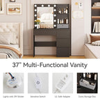 Vabches Makeup Vanity with Lights, 37inch Vanity Desk, 4 Large Drawers Dresser with Lighted Mirror, 3 Lighting Modes Brightness Adjustable, Black
