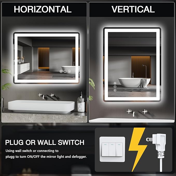 LED Bathroom Mirror 40"x 24" with Front and Backlight, Anti-Fog Dimmable, Lighted Bathroom Mirror with Lights, Shatter-Proof, Tempered Glass, Decor Vanity Mirror for Wall(Horizontal/Vertical)