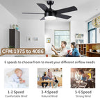 YUHAO 44 Inch Black Ceiling Fan with Light and Remote Control.Noiseless,Dimmable,3CCT,6 Speeds Reversible, DC Ceiling Fans for Indoor or Covered Outdoor