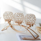 Set of 3 Gold Crystal Tea Light Candlestick Holders Flower Shape with Crystal Pendant Bowl Votive Metal Candle Holder for Table Centerpieces Wedding Home Decor (Gold, 3 arm)