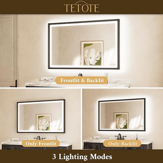 TETOTE 40x24 LED Bathroom Mirror with Lights Black Metal Framed Front & Back Light Vanity Mirror Baroque Gothic Antifog Stepless Dimmable White/Warm/Natural,CRI90+,Waterproof(Horizontal/Vertical)