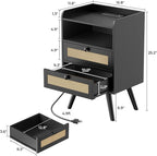 SUPERJARE 2 Drawer Night Stand with Charger Station, Boho Rattan Nightstand Set of 2, 25.2 Inch Tall Bed Side Table with Solid Wood Feet, End Table, Open Storage, Synthetic Rattan, for Bedroom, Black